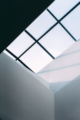 A minimalist architectural perspective captures geometric lines and angular shapes of a building's interior, highlighted by the absence of colors that emphasizes structure. A glass ceiling with a grid pattern allows diffused natural light to spill into the space, casting soft shadows.