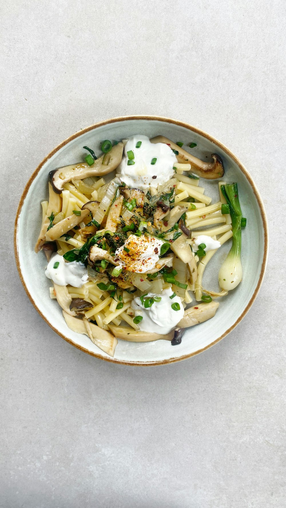 a plate of pasta with mushrooms, asparagus and sour cream