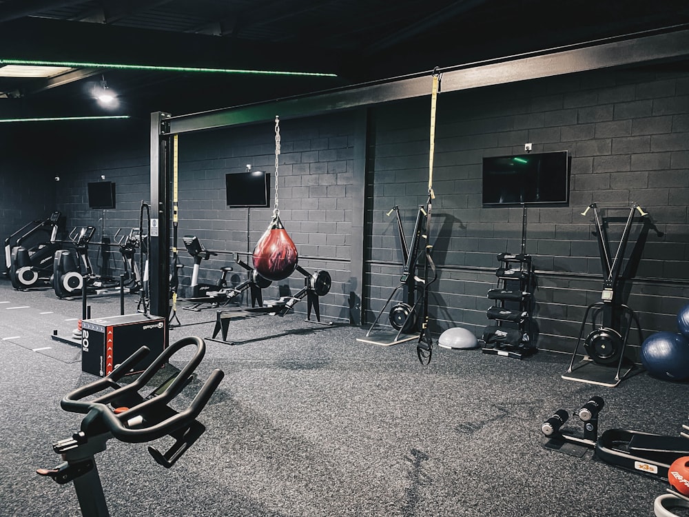 a gym with a variety of exercise equipment