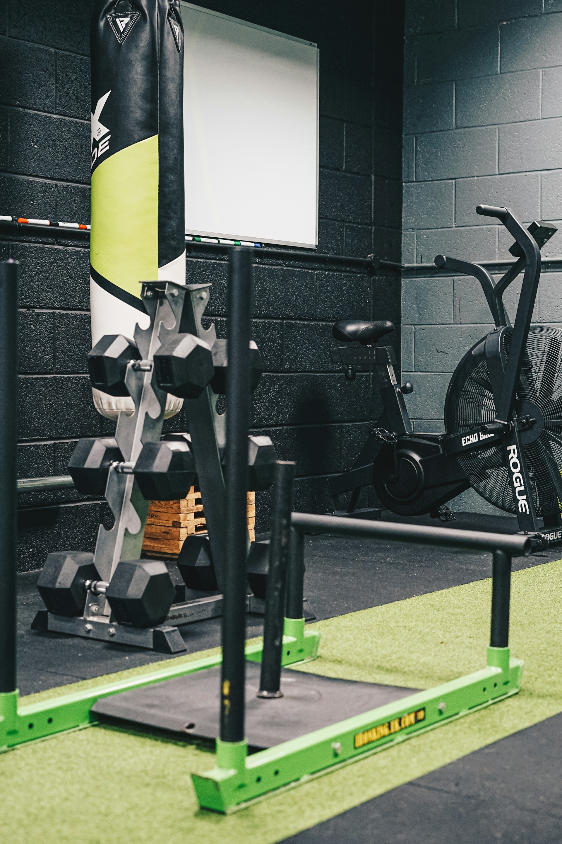 a gym with a bike and exercise equipment