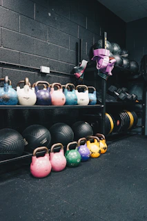 a row of kettles in a gym