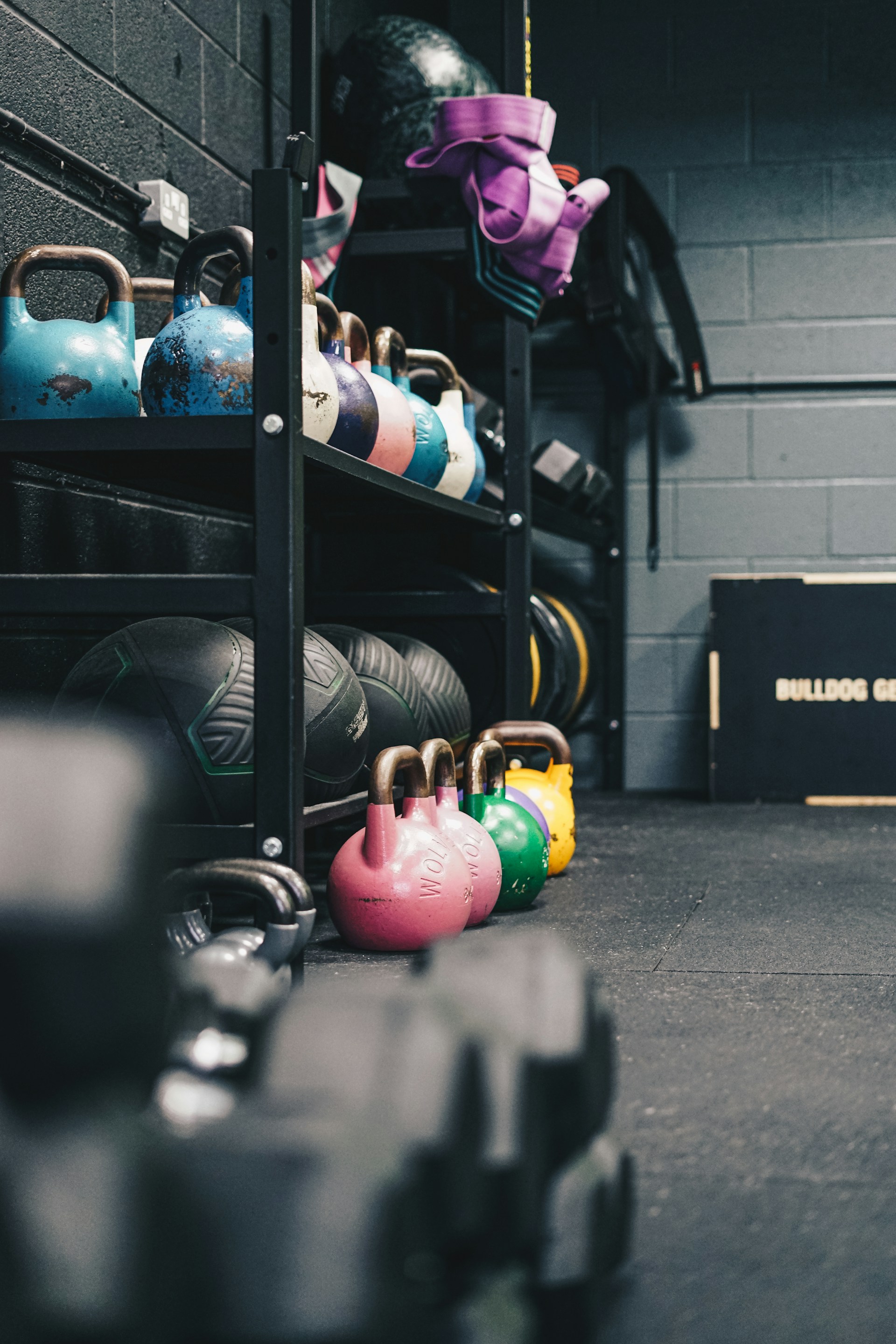 a row of kettles in a gym