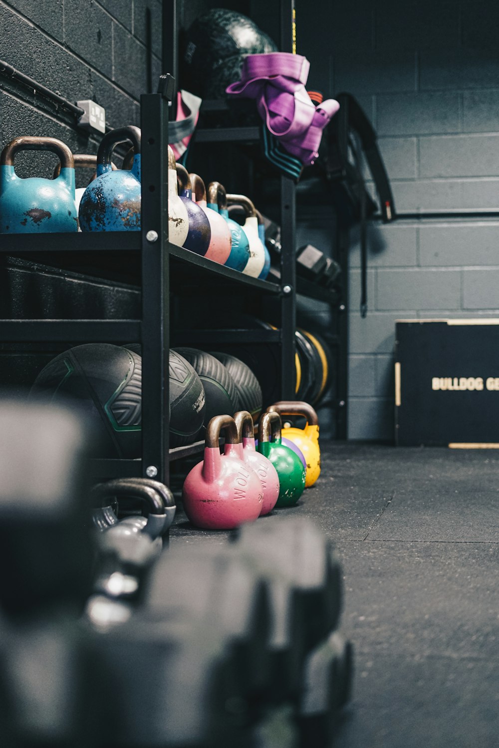 a row of kettles in a gym