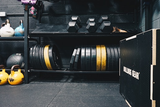 A gym setting featuring various fitness equipment, including kettlebells, stacked weight plates on a rack, dumbbells, and a medicine ball. The gym has a rugged, industrial vibe with black walls and a Bulldog Gear plyo box.