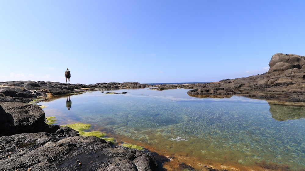 a man standing on a rocky shore next to a body of water