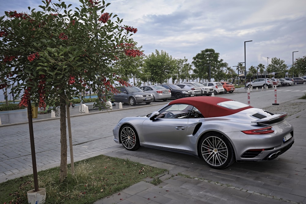 a silver sports car parked on the side of the road