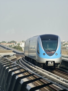 A modern train with a sleek design travels along an elevated track. Urban buildings and greenery are visible in the distance under a clear sky.