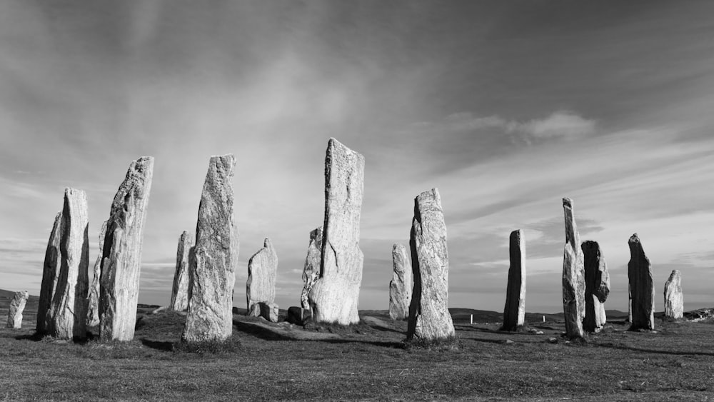 a black and white photo of a group of stones
