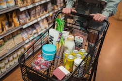 a person pushing a shopping cart full of food