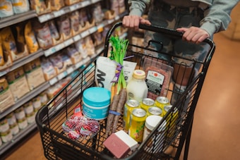 A shopping cart filled with various grocery items such as vegetables, canned drinks, a carton of milk, deli meat, and packaged snacks. The cart is being pushed by a person wearing a gray top and patterned pants in a grocery store aisle.