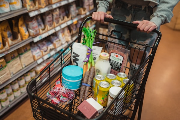 A shopping cart filled with various grocery items such as vegetables, canned drinks, a carton of milk, deli meat, and packaged snacks. The cart is being pushed by a person wearing a gray top and patterned pants in a grocery store aisle.