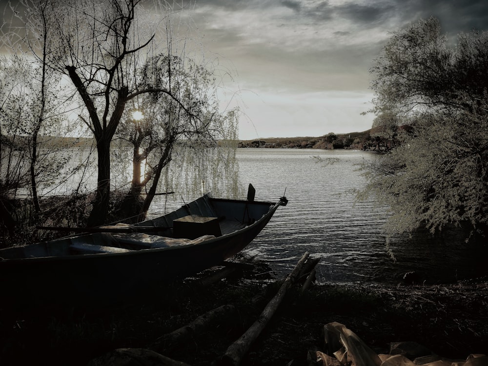 una barca seduta sulla riva di un lago