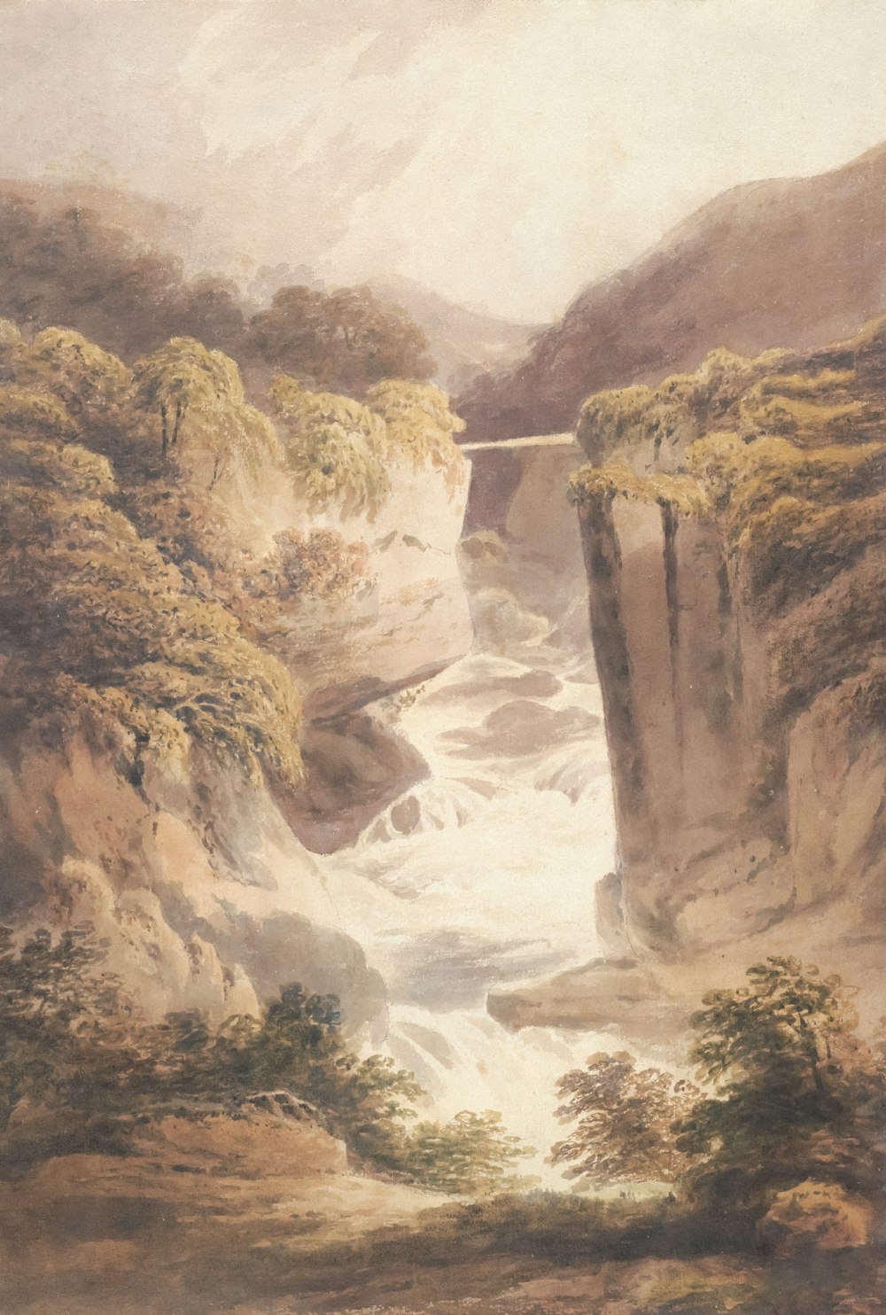 a painting of a waterfall in the middle of a forest