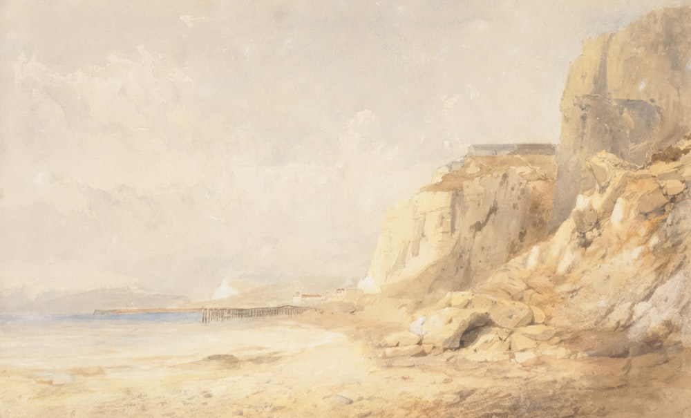 a painting of a rocky cliff by the ocean