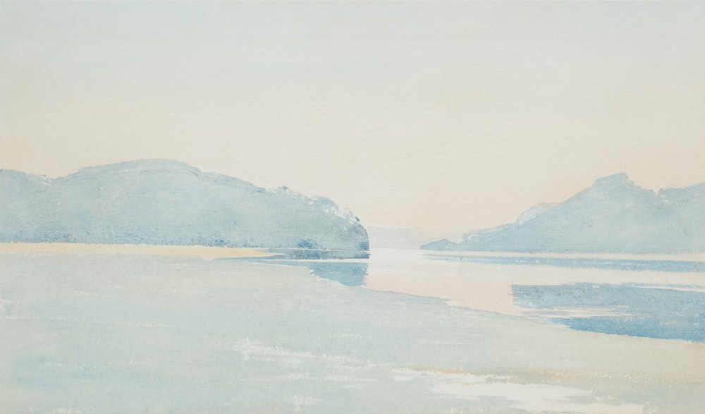 a watercolor painting of mountains and a body of water