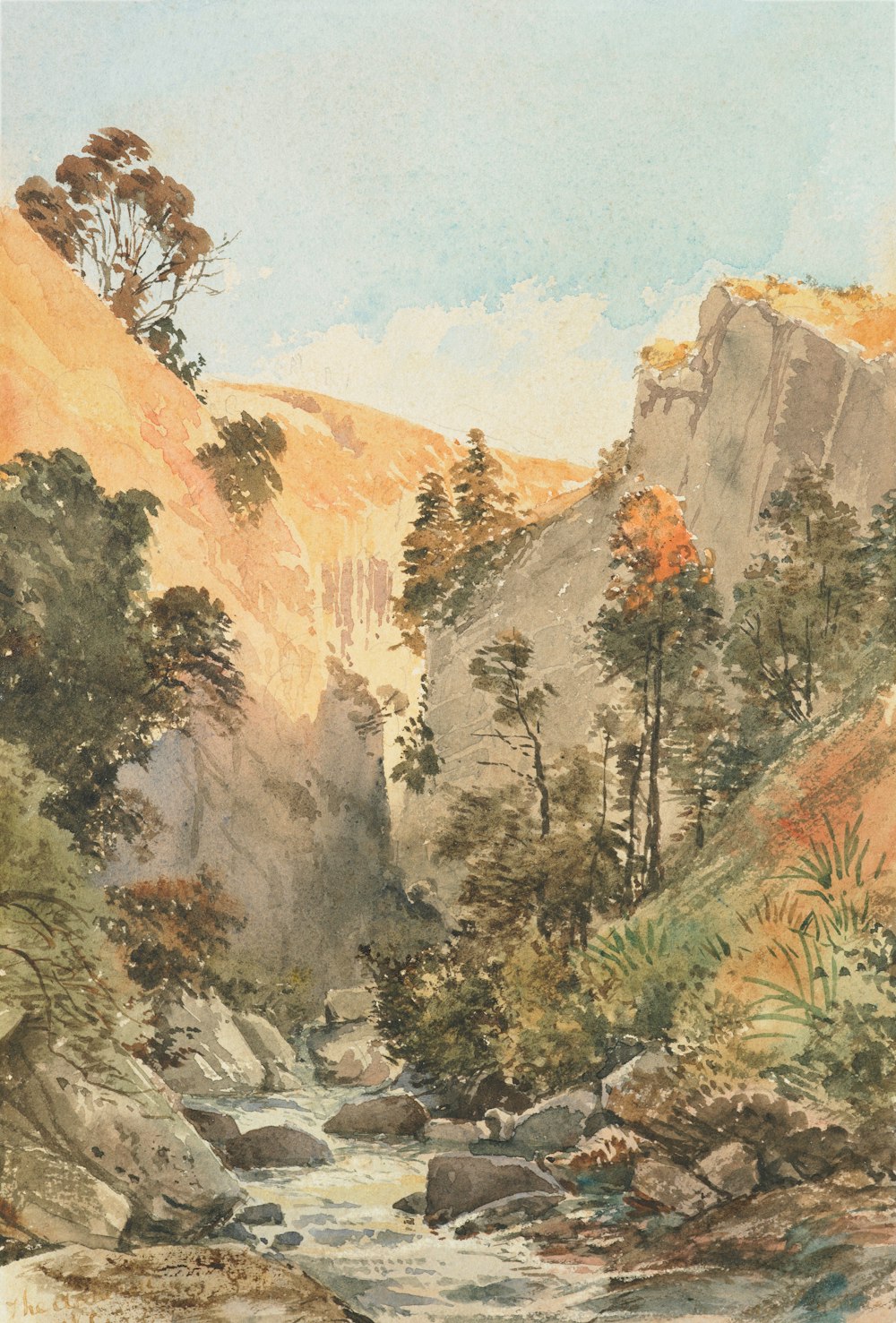 a painting of a mountain stream with trees