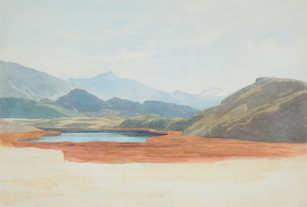 a painting of a mountain range with a lake in the foreground
