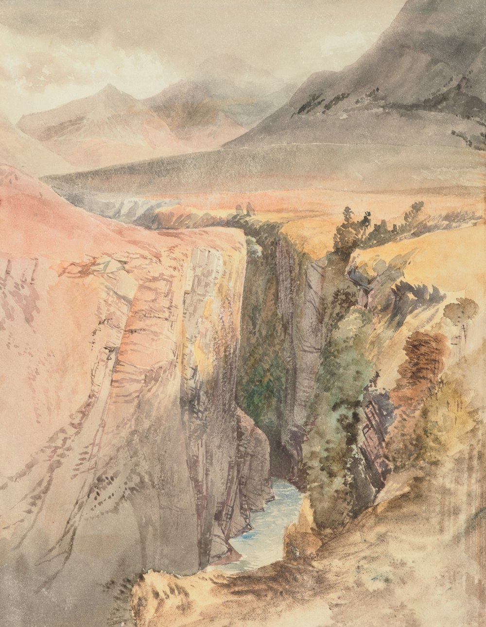 ein Gemälde einer Klippe, durch die ein Fluss fließt