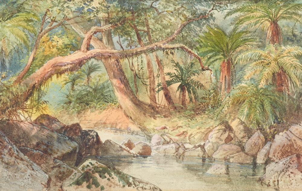 a painting of a river surrounded by trees