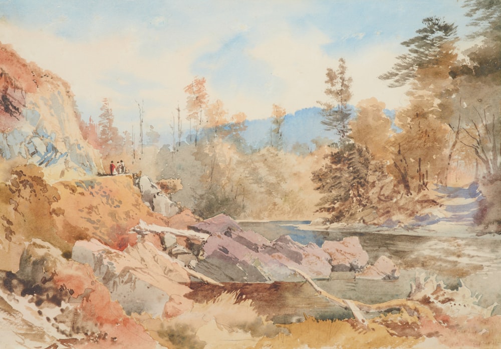 a painting of a mountain stream with people on it