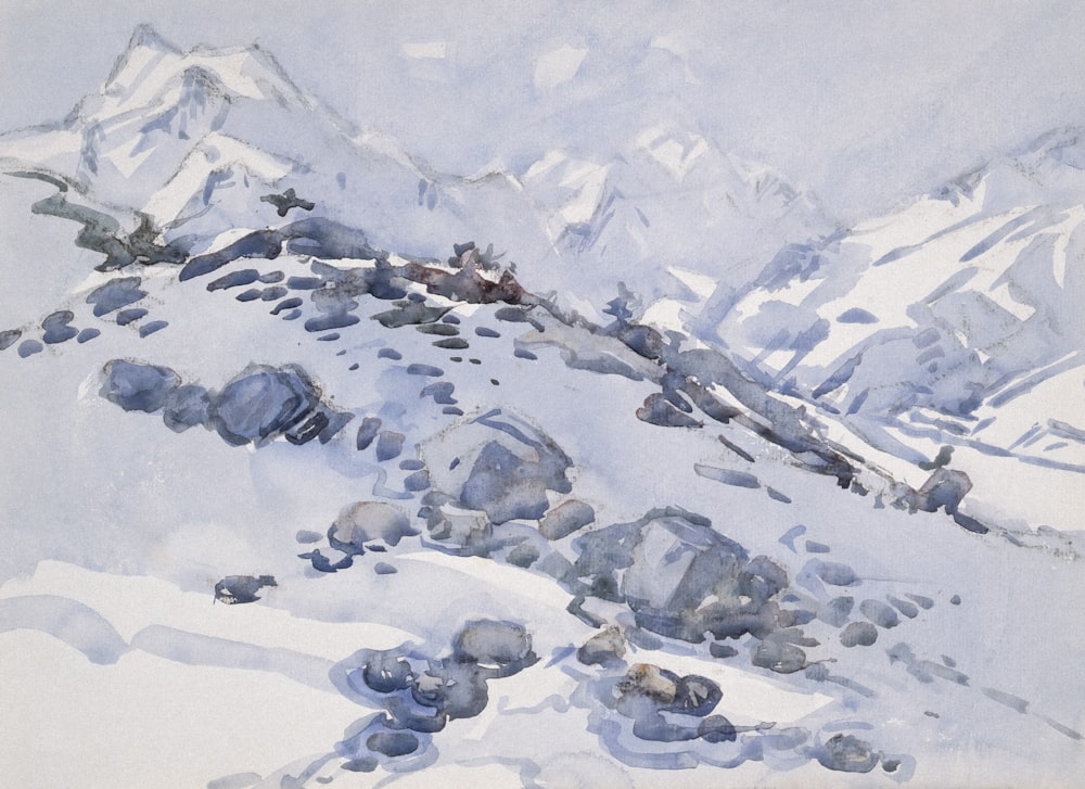 a painting of snow covered mountains and rocks