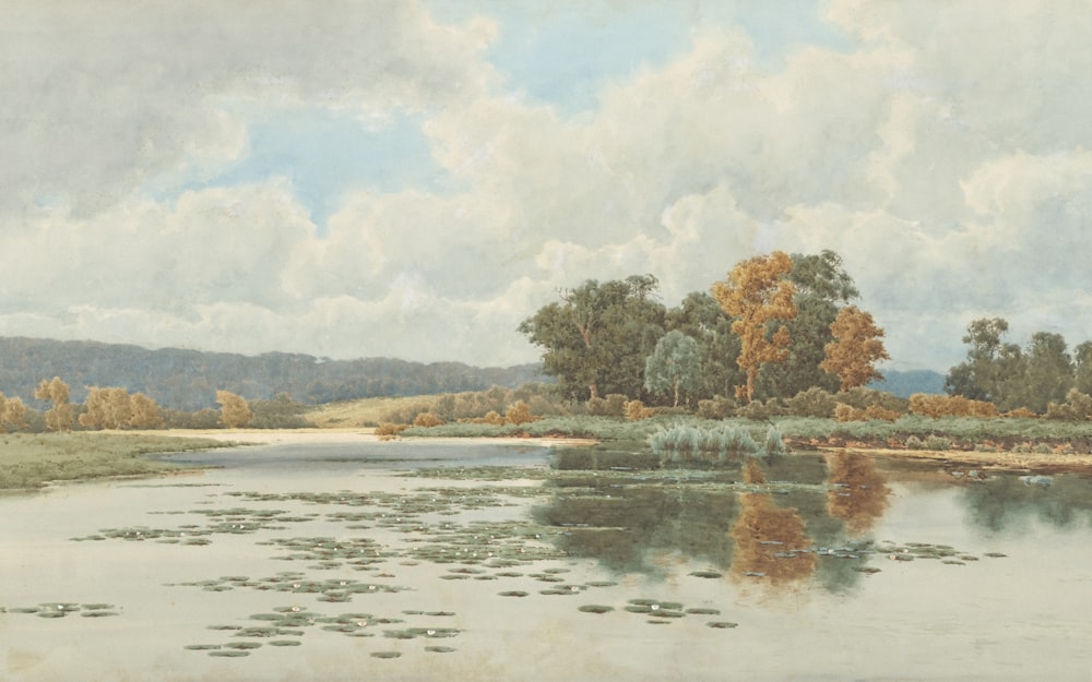 a painting of a lake with lily pads in the water