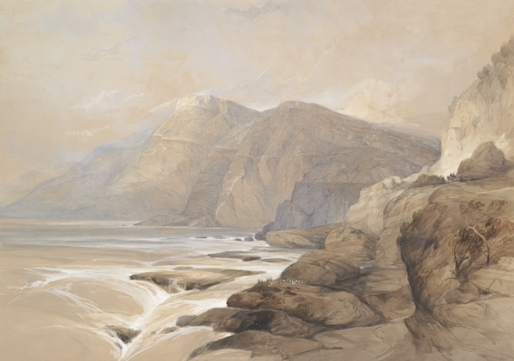 a painting of a rocky beach with a mountain in the background