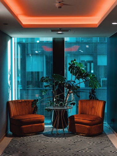 Modern indoor seating area with plush armchairs and minimalist decor.