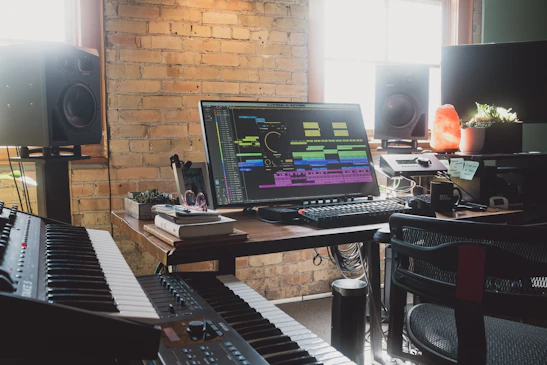 A music production studio featuring a large monitor displaying audio editing software surrounded by various equipment such as a keyboard, speakers, and controllers. Natural light enters through the window, illuminating the brick wall and a desk cluttered with books, headphones, and small plants, including a glowing salt lamp.