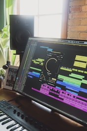 a computer monitor sitting on top of a wooden desk