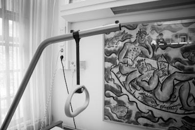 A hospital lifting device is positioned next to a bed, with its handle hanging in the foreground. In the background, a monochrome painting features abstract figures holding an object, surrounded by flowing shapes and motifs reminiscent of fish.