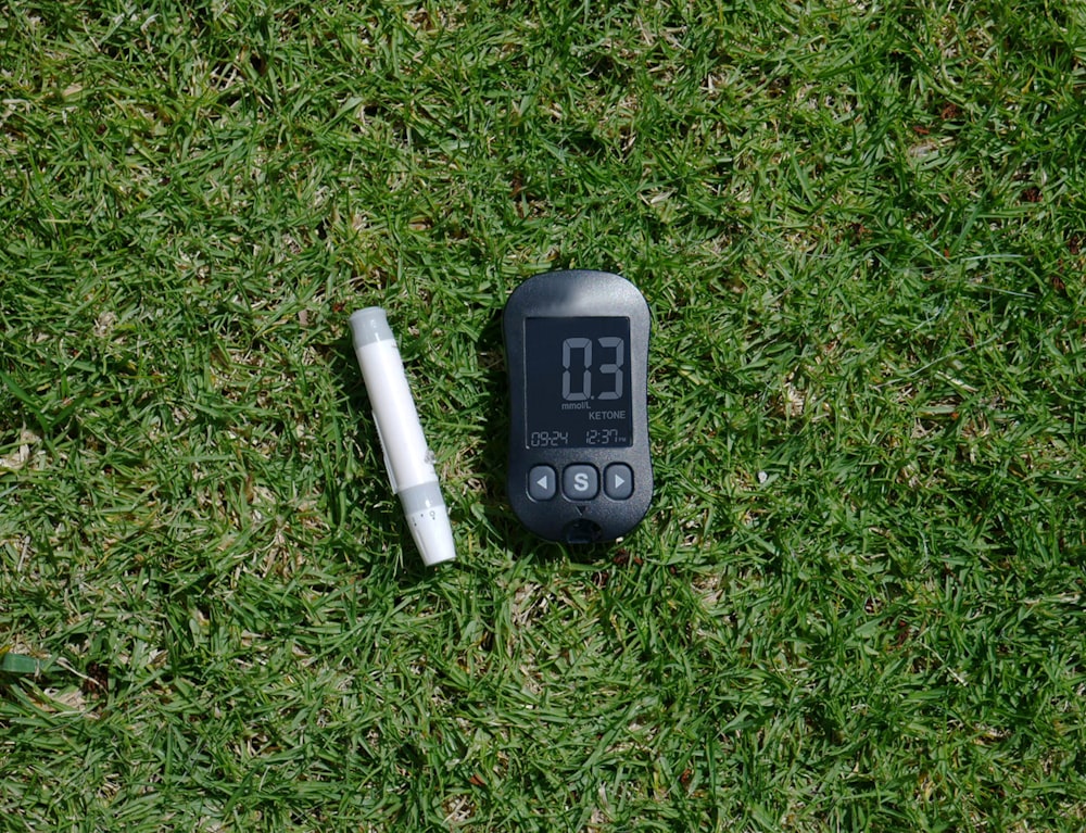 a thermometer and a pen laying on the grass