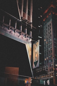 A night scene featuring an urban environment with tall buildings. The NYPD sign is prominently displayed on a building, with some architectural details visible. The signage is illuminated and there are glimpses of other lit-up signs in the background.