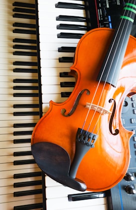 A violin rests on a keyboard, with black and white keys visible beneath the orange-brown body of the violin. Part of an electronic instrument with buttons and dials is also visible.