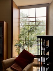 Cozy armchair by a small indoor plant next to soft natural light from a window.