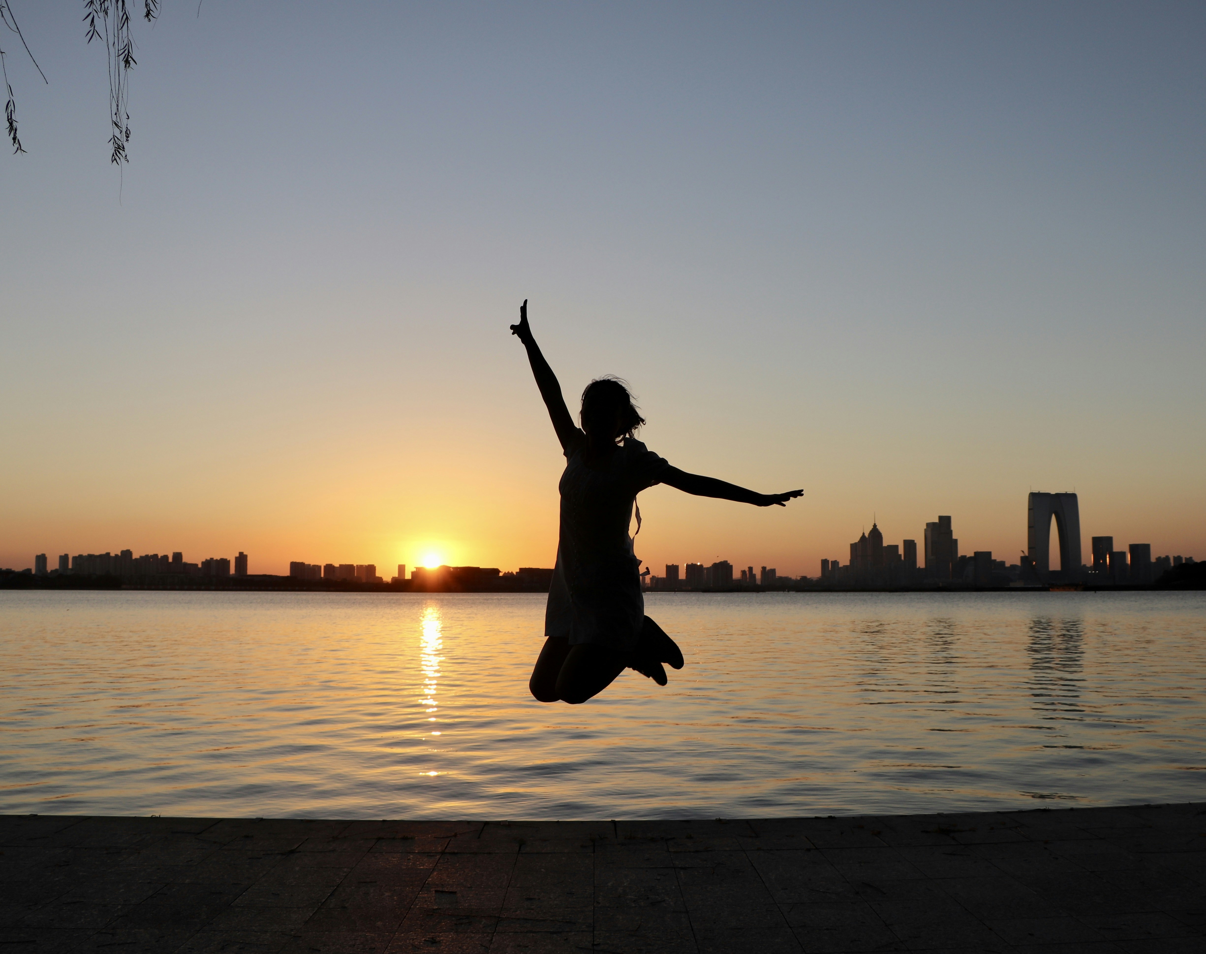 a person jumping into the air in front of a body of water