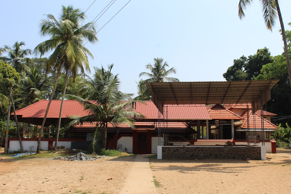 a house with a red roof surrounded by palm trees