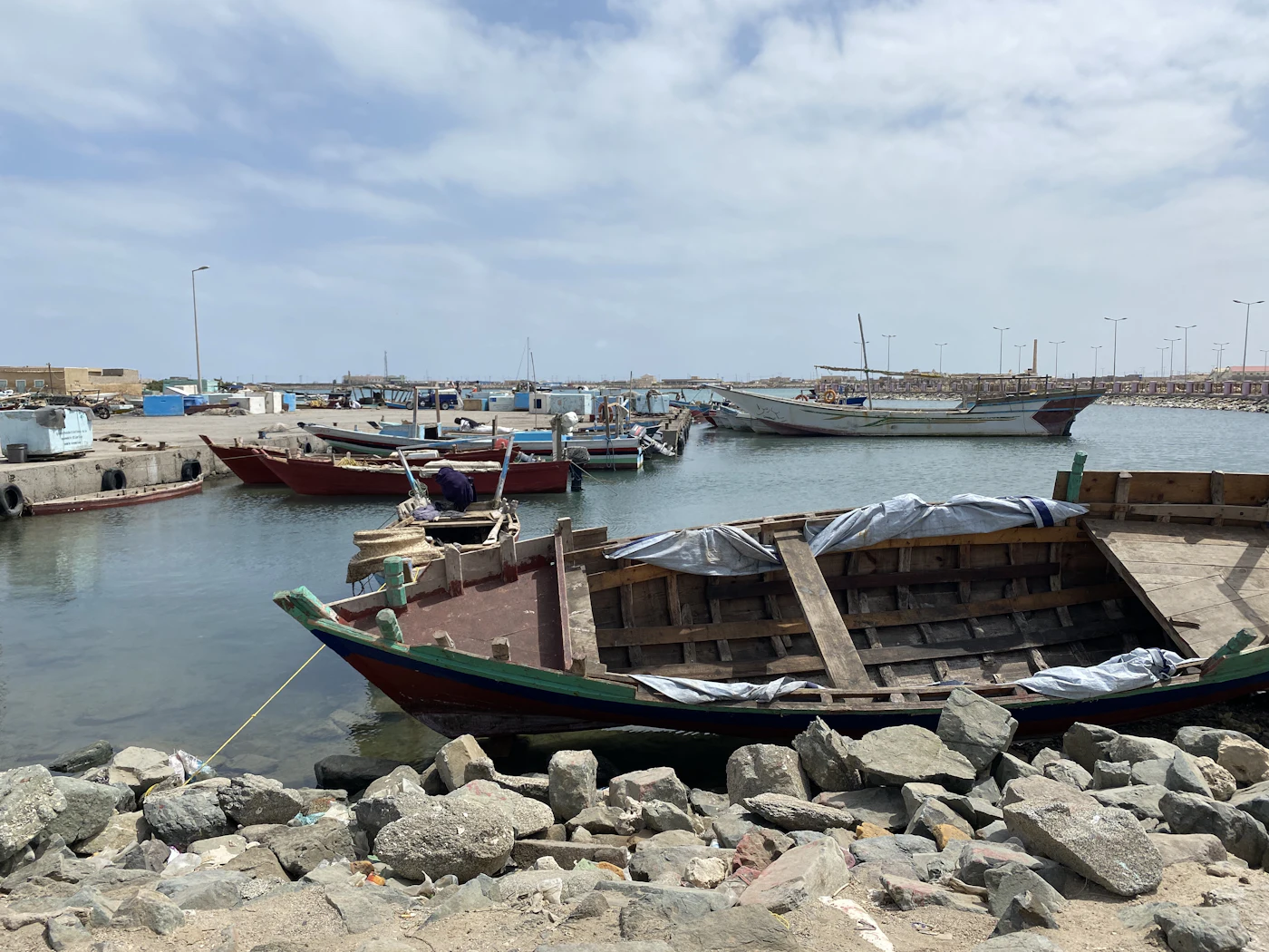 Wooden fishing boats in the calm harbour of Suakin, Sudan