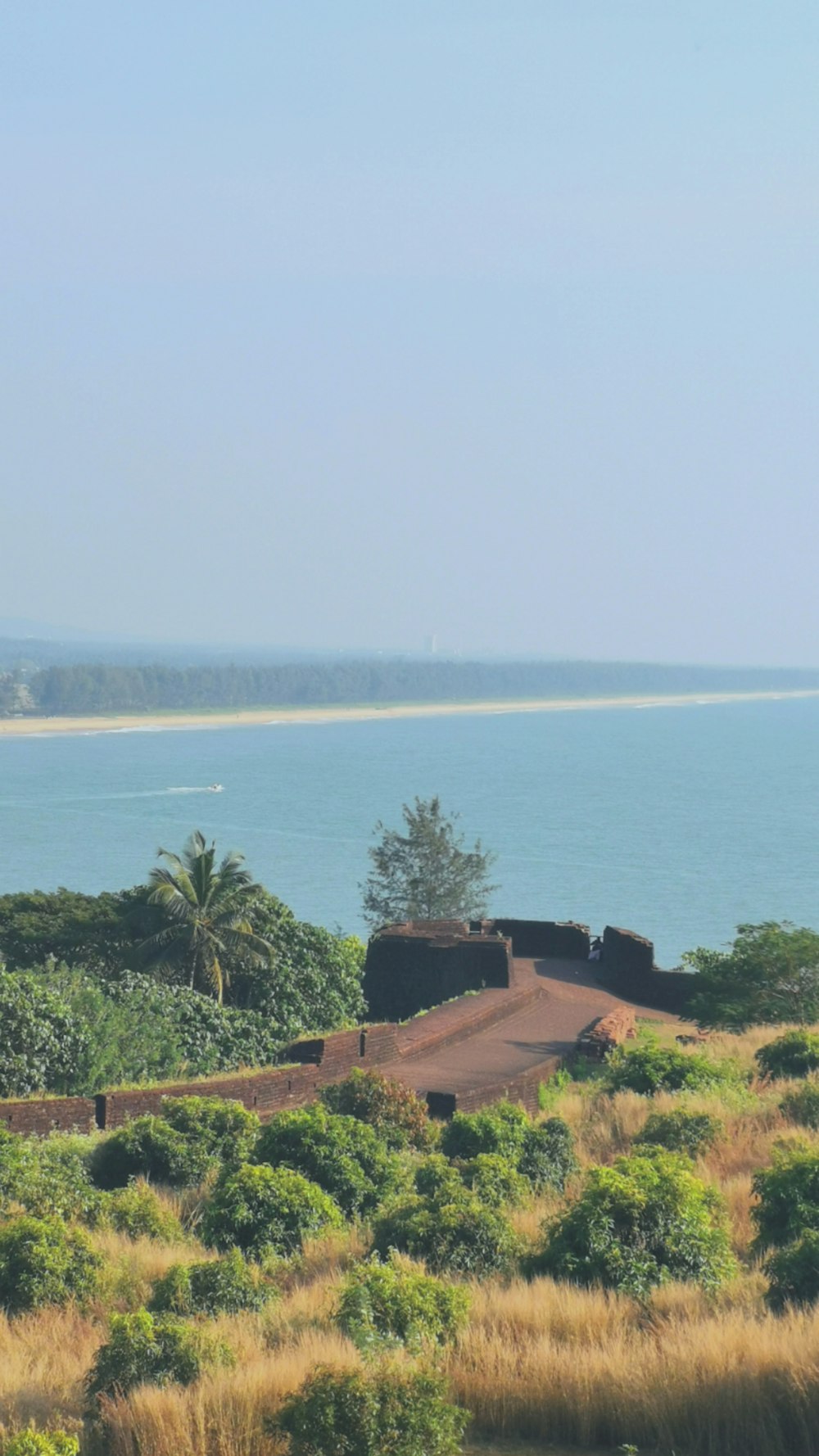 a large body of water sitting next to a lush green field