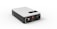 A rectangular device with a sleek design features a white top surface and black sides. It includes metal handles on the front corners for carrying. The front panel has various connectors and switches, including two red and green rotary knobs, and multiple input/output ports.