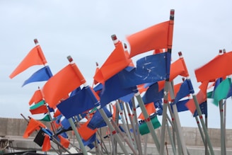 A group of colorful flags attached to masts, predominantly featuring orange and blue colors, are waving in the wind. The flags are set against a backdrop of a cloudy sky and a concrete wall.