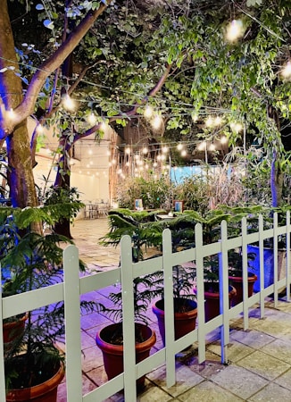 String lights illuminate a serene outdoor setting, with vibrant green foliage and potted plants lining a white wooden fence. The lights cast a warm glow over a cobblestone pathway, and a cozy dining area is visible in the background.