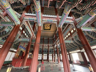 An intricately decorated interior space with colorful patterns on wooden columns and beams. The architecture features rich detailing on the ceiling and a harmonious blend of colors. The room has a spacious, symmetrical layout, with traditional Asian design elements throughout.