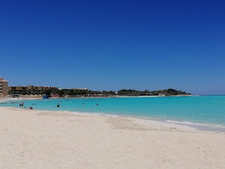 Family enjoying a sunny day at a sandy beach with clear turquoise water