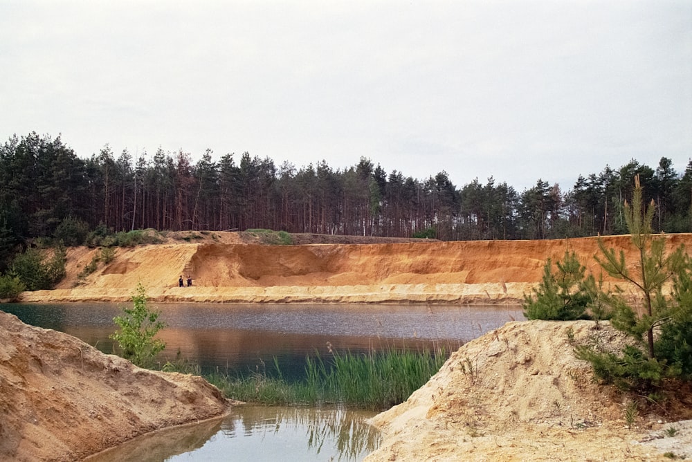 a large body of water surrounded by dirt and trees