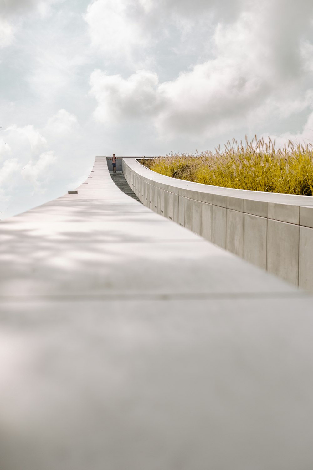 a person riding a skateboard down a concrete walkway