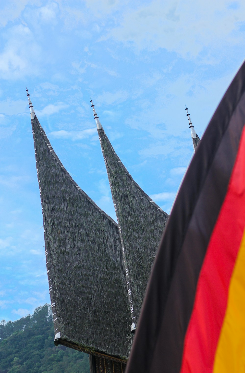 a flag and a building with a thatched roof