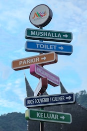 Several colorful directional signs point to various locations such as a prayer room, toilet, parking, Pincuran Tujuh, souvenir and culinary kiosk, and exit. The signs are set against a blue sky and a mountainous backdrop, featuring a traditional Minangkabau house roof in the distance. An emblem at the top reads 'Tanah Datar Authentic Minangkabau.'