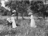 Three women in vintage clothing explore a field of wildflowers, surrounded by tall trees. One woman stands holding an object, while the other two kneel among the flowers. The scenery is serene, set in a lush, peaceful natural environment.