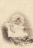 A baby is dressed in a delicate lace bonnet and a flowing white gown, sitting in an ornately designed wicker baby carriage with intricate patterns on the side. The image is in sepia tones, giving a vintage and nostalgic aesthetic.